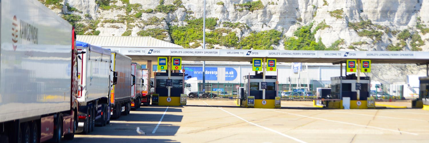 A line of trucks waiting for customs clearance on the UK border